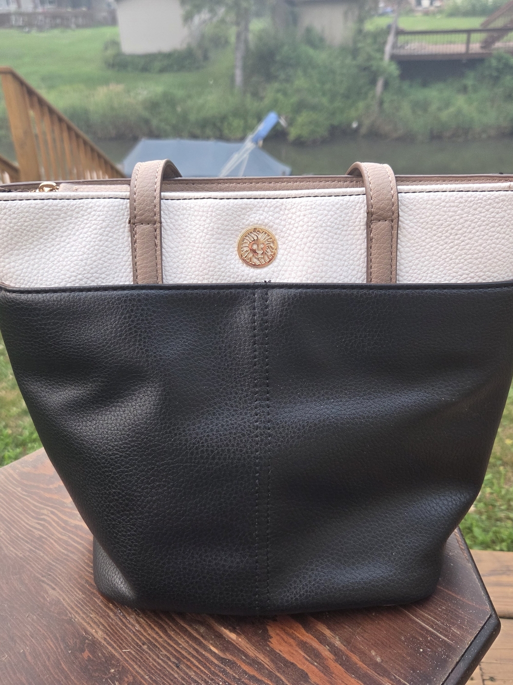 Anne Klein Pebbled Faux Leather Black White Tan Colorblock Tote Shoulder Bag Med